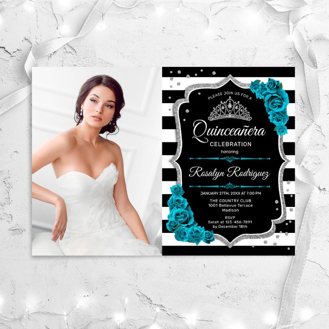 Invitación Fiesta verde azulado de Quinceanera Negro con foto (Subido por el creador)