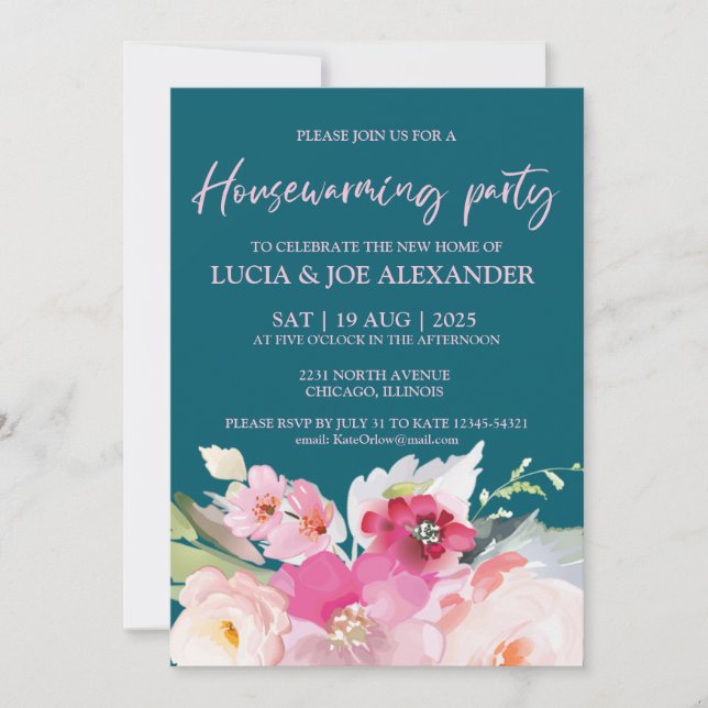 Invitación fiesta verde azulado Floral Azul Calentador de la  (Anverso)