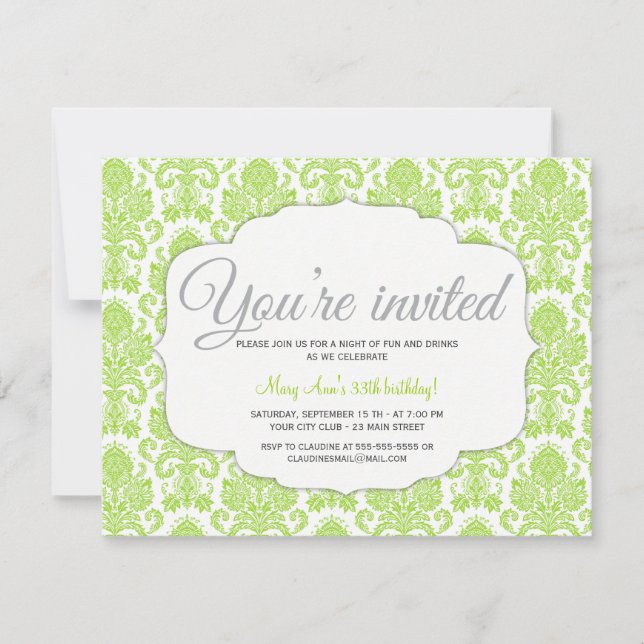 Invitación Fiesta verde Damask moderno (Anverso)