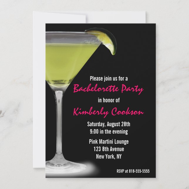 Invitación Fiesta verde de Martini Bachelorette de las rosas (Anverso)