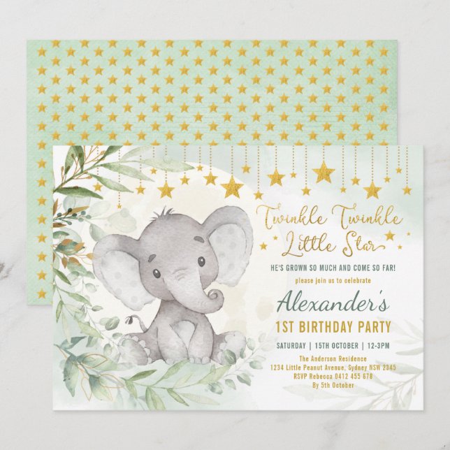 Invitación Fiesta verde soñadora Luna y Estrellas Elefante pr (Anverso / Reverso)