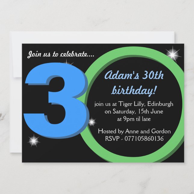 Invitación Fiesta verde/trigésima de cumpleaños del azul para (Anverso)