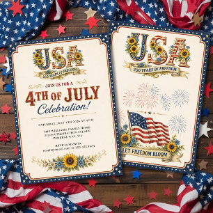 Invitación Fiesta Vintage Patriótica Girasol USA 250 Años