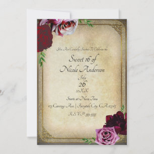 Invitación Fiesta Vintage Real Rosa Oscura Floral Dulce 16