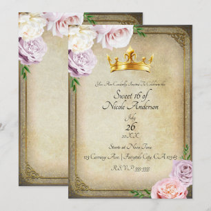 Invitación Fiesta Vintage Royal Gold Crown Floral Dulces 16