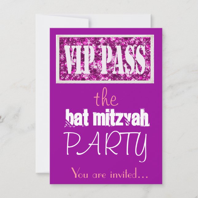 Invitación fiesta VIP Bat Mitzvah rosa y morado (Anverso)