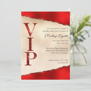 Invitación Fiesta VIP brillante rojo y dorado glamuroso