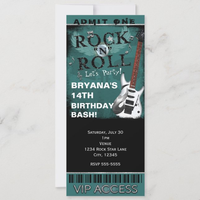 Invitación Fiesta VIP del billete de cumpleaños de Glam Rock  (Anverso)