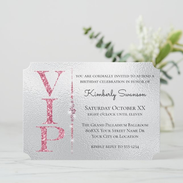 Invitación Fiesta VIP Purpurina rosado de diamantes glamoroso (Anverso de pie)