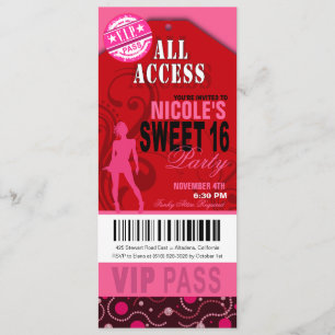 Invitación Fiesta VIP Rosa y Rojo Sweet 16 Ticket