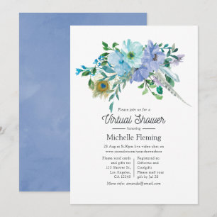 Invitación Fiesta virtual de baby shower boho de menta y azul