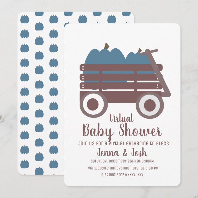 Invitación Fiesta Virtual de Baby Shower de Blue Pumpkin Patc (Anverso / Reverso)