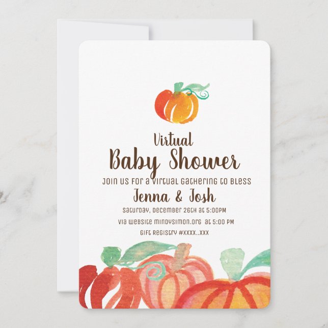 Invitación Fiesta virtual de baby shower de calabaza con acua (Anverso)