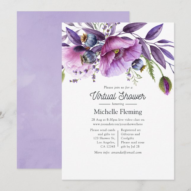 Invitación Fiesta Virtual de Baby Shower Floral Violeta Paste (Anverso / Reverso)