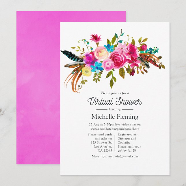 Invitación Fiesta virtual de bebé floral boho chic rosa calie (Anverso / Reverso)