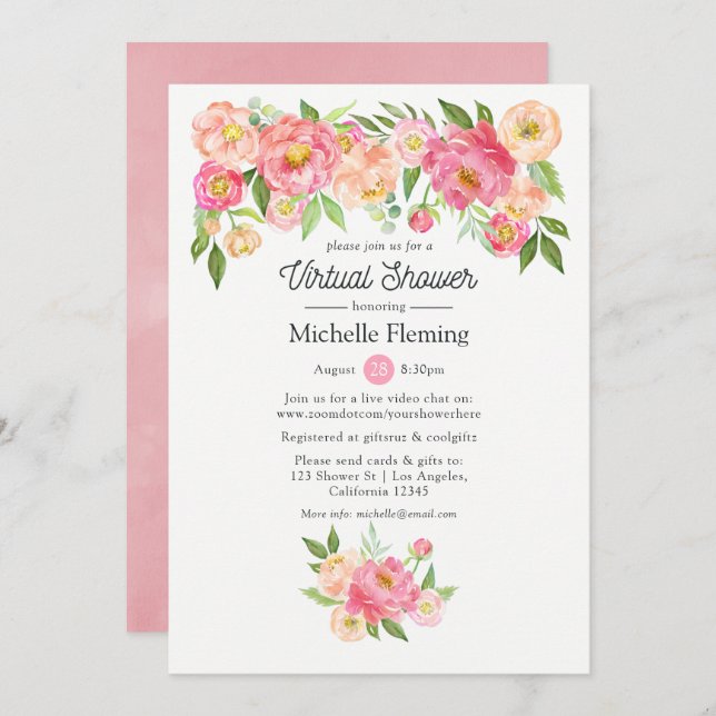 Invitación Fiesta virtual de bebé o boda en flores rosadas pa (Anverso / Reverso)