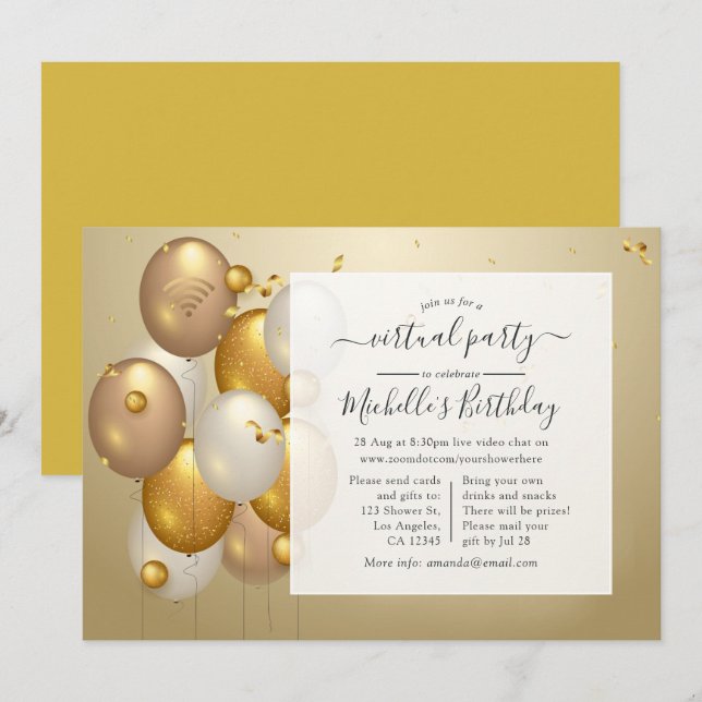 Invitación Fiesta virtual de cumpleaños con globos de oro (Anverso / Reverso)