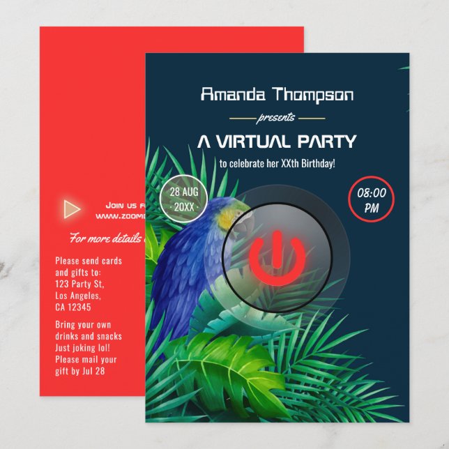 Invitación Fiesta virtual de cumpleaños de loro de verano tro (Anverso / Reverso)