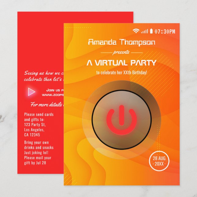 Invitación Fiesta virtual de cumpleaños de verano genial (Anverso / Reverso)