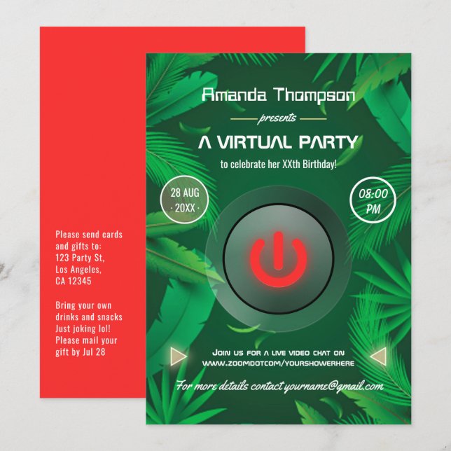 Invitación Fiesta virtual de cumpleaños de verano tropical (Anverso / Reverso)