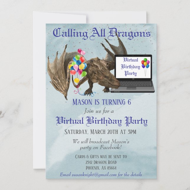 Invitación Fiesta virtual de cumpleaños Dragón Wyvern (Anverso)