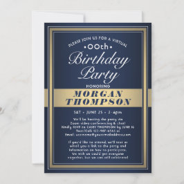 Invitación Fiesta virtual de cumpleaños en azul marino, oro y