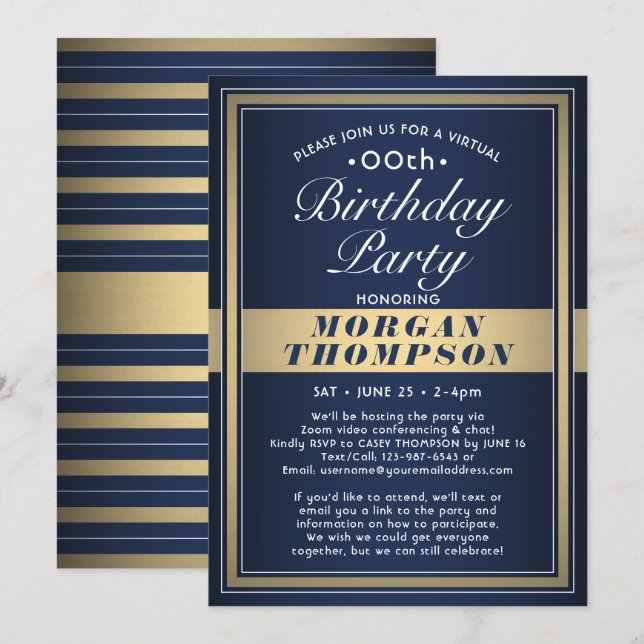 Invitación Fiesta virtual de cumpleaños en azul marino, oro y (Anverso / Reverso)