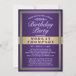 Invitación Fiesta virtual de cumpleaños en morado, dorado y b