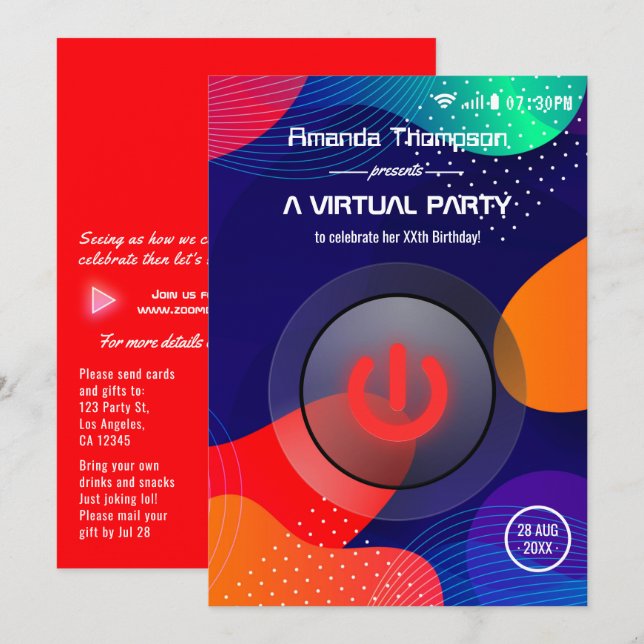 Invitación Fiesta virtual de cumpleaños geométrica de moda (Anverso / Reverso)