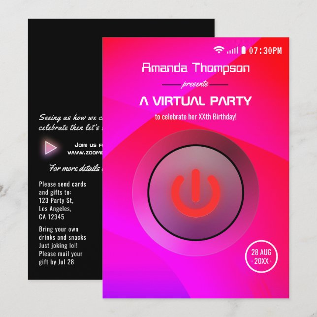 Invitación Fiesta virtual de cumpleaños geométrica rosa y púr (Anverso / Reverso)