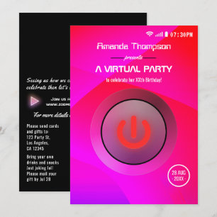 Invitación Fiesta virtual de cumpleaños geométrica rosa y púr