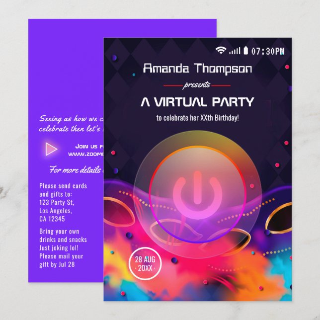 Invitación Fiesta virtual de cumpleaños Glow (Anverso / Reverso)