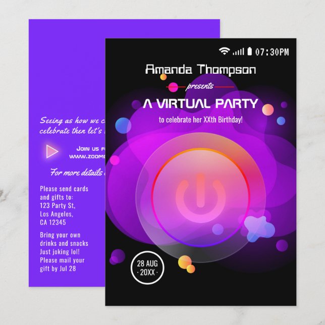 Invitación Fiesta virtual de cumpleaños Glow (Anverso / Reverso)