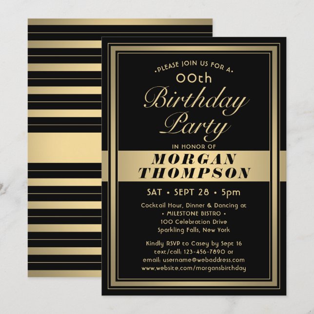 Invitación Fiesta virtual de cumpleaños negro, dorado y blanc (Anverso / Reverso)