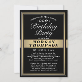 Invitación Fiesta virtual de cumpleaños negro, dorado y blanc