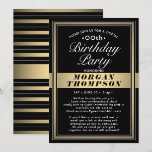 Invitación Fiesta virtual de cumpleaños negro, dorado y blanc