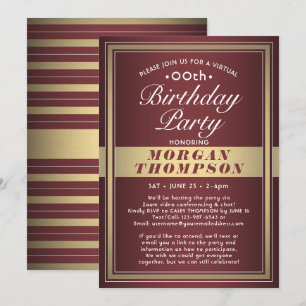 Invitación Fiesta virtual de cumpleaños rojo burgundy oro bla