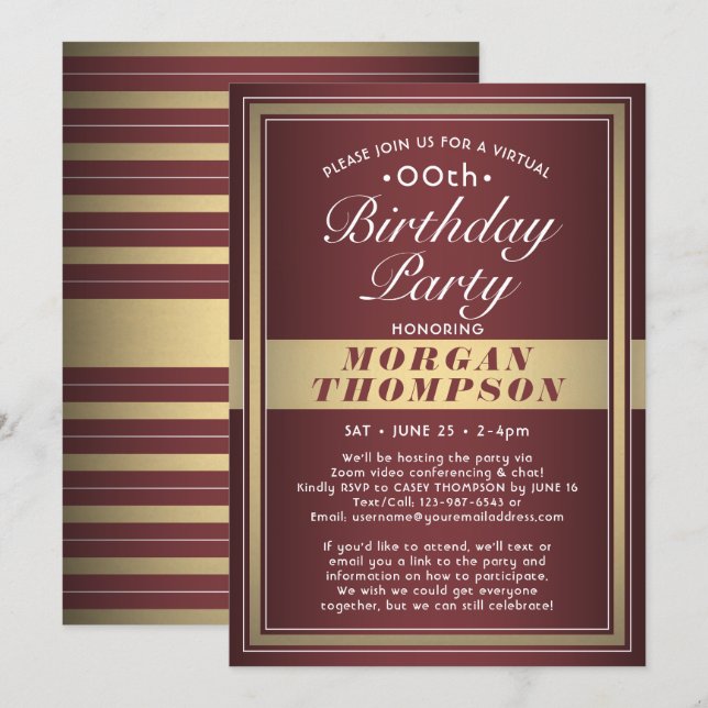 Invitación Fiesta virtual de cumpleaños rojo burgundy oro bla (Anverso / Reverso)