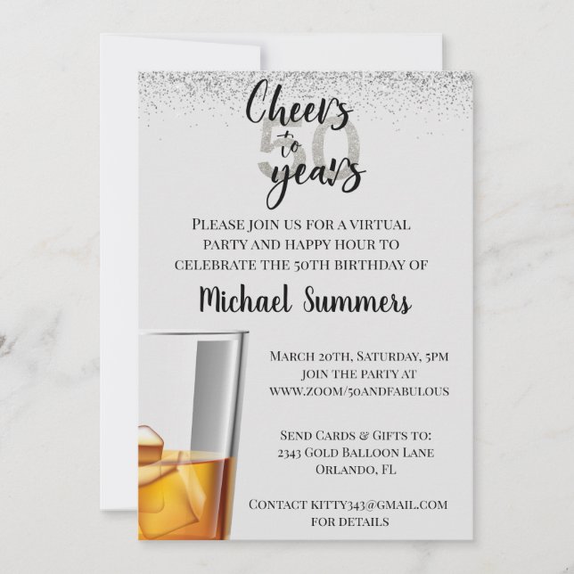 Invitación Fiesta virtual de cumpleaños ¡Salud por 50 años! (Anverso)