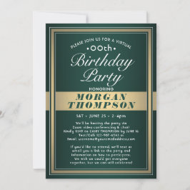 Invitación Fiesta virtual de cumpleaños verde, dorado y blanc