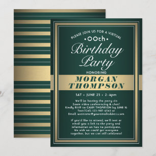 Invitación Fiesta virtual de cumpleaños verde, dorado y blanc