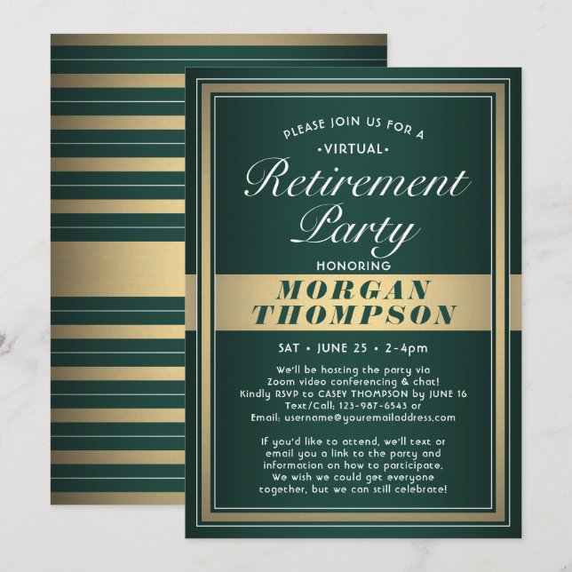 Invitación Fiesta Virtual de Jubilación Verde y Dorado (Anverso / Reverso)