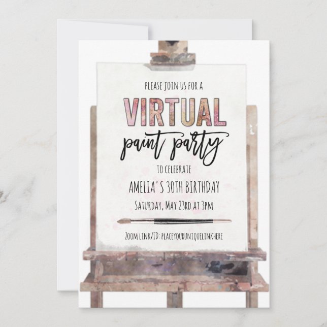 Invitación Fiesta virtual de pintura en caballete de oro rosa (Anverso)
