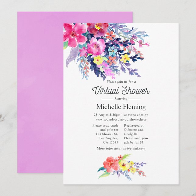 Invitación Fiesta virtual de shower de bebé floral con acuare (Anverso / Reverso)