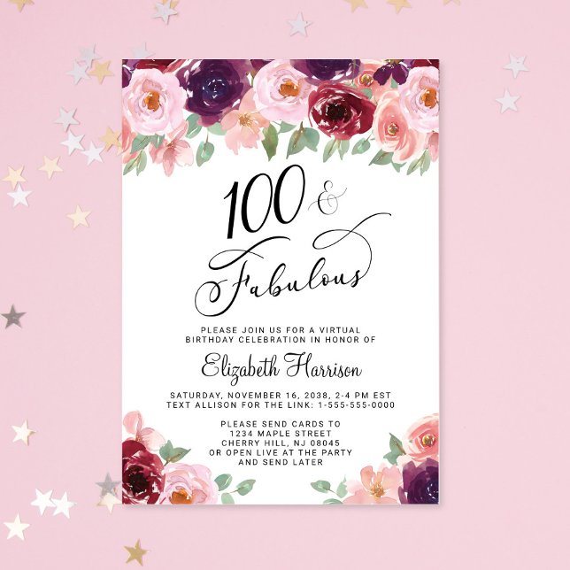 Invitación Fiesta virtual elegante de cumpleaños número 100 c (Elegant Floral Virtual 100th Birthday Party Invitation)