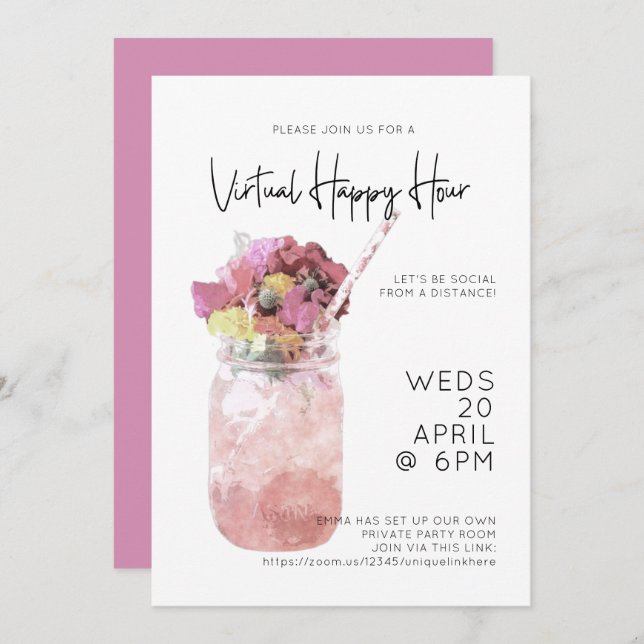 Invitación Fiesta virtual Happy Hour rosa brillante (Anverso / Reverso)