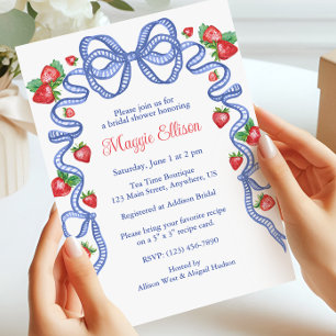Invitación Fiesta Watercolor Blue Bows & Red Strawberries
