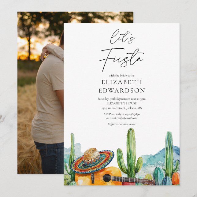 Invitación Fiesta Watercolor Cactus Foto Ducha de novia (Anverso / Reverso)