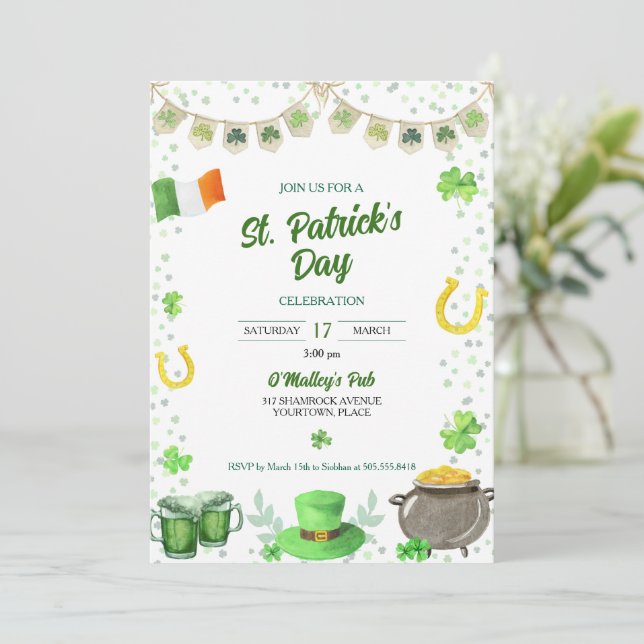 Invitación Fiesta Watercolor St Patricks (Anverso de pie)