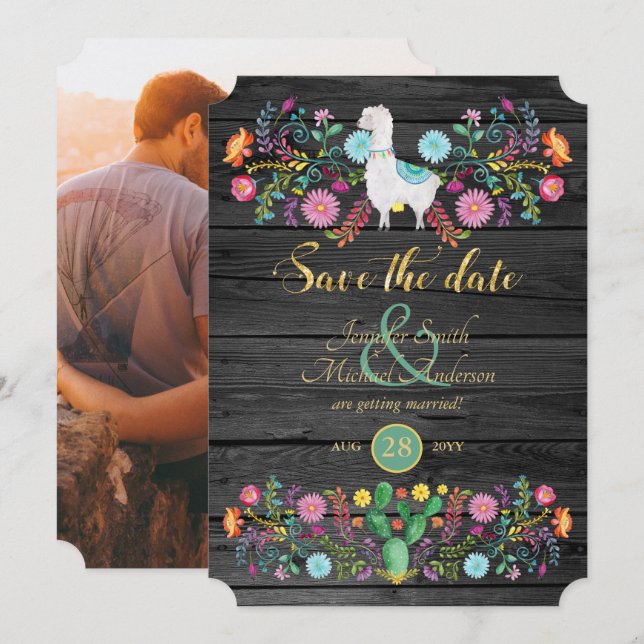 Invitación Fiesta Wedding Salva La Fecha Llama Flores Folclór (Anverso / Reverso)